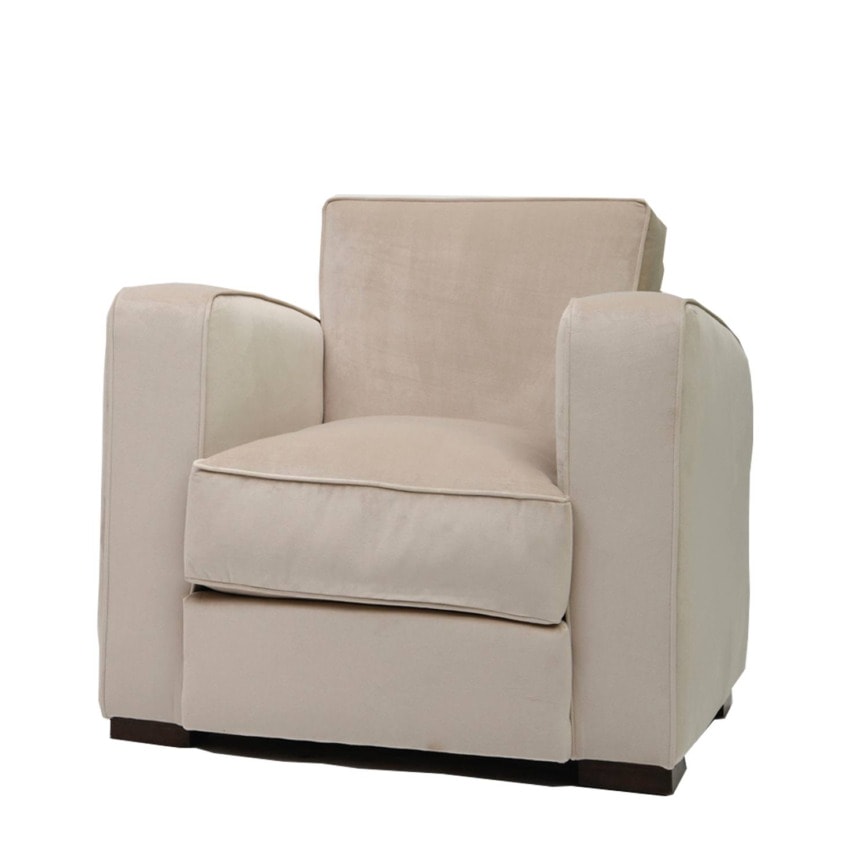 Beige upholstered armchair with wide armrests and cushioned seat on a white background.