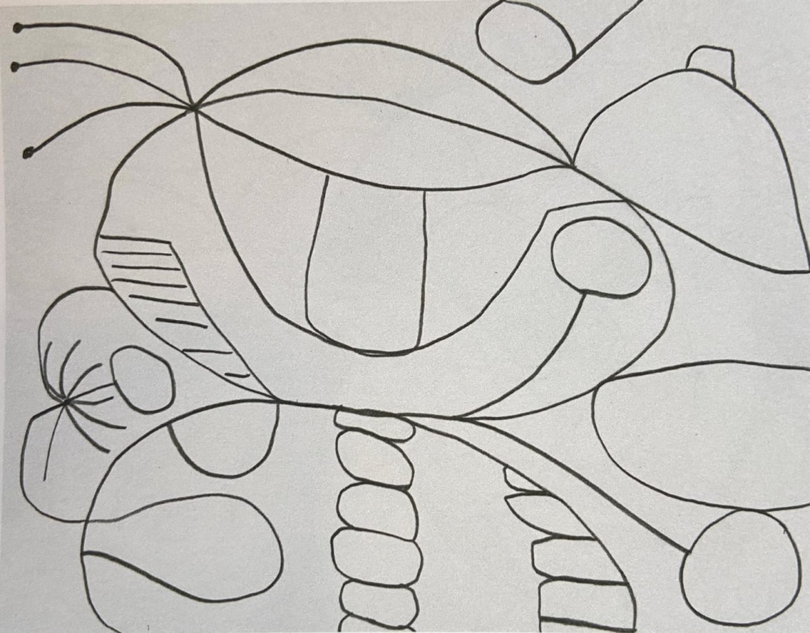 Abstract line drawing with overlapping organic shapes and curved lines, creating an intricate and fluid design.