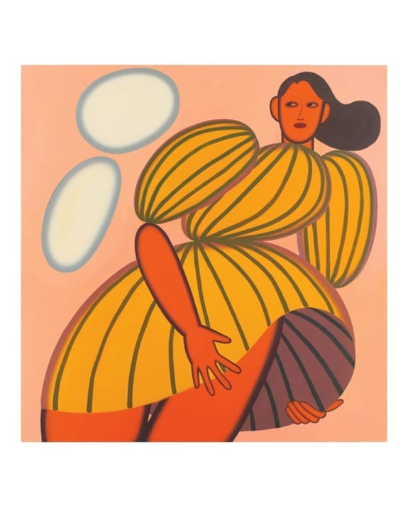 Abstract art of a woman with orange skin, a yellow-striped dress, and long brown hair against a peach background with two ovals.