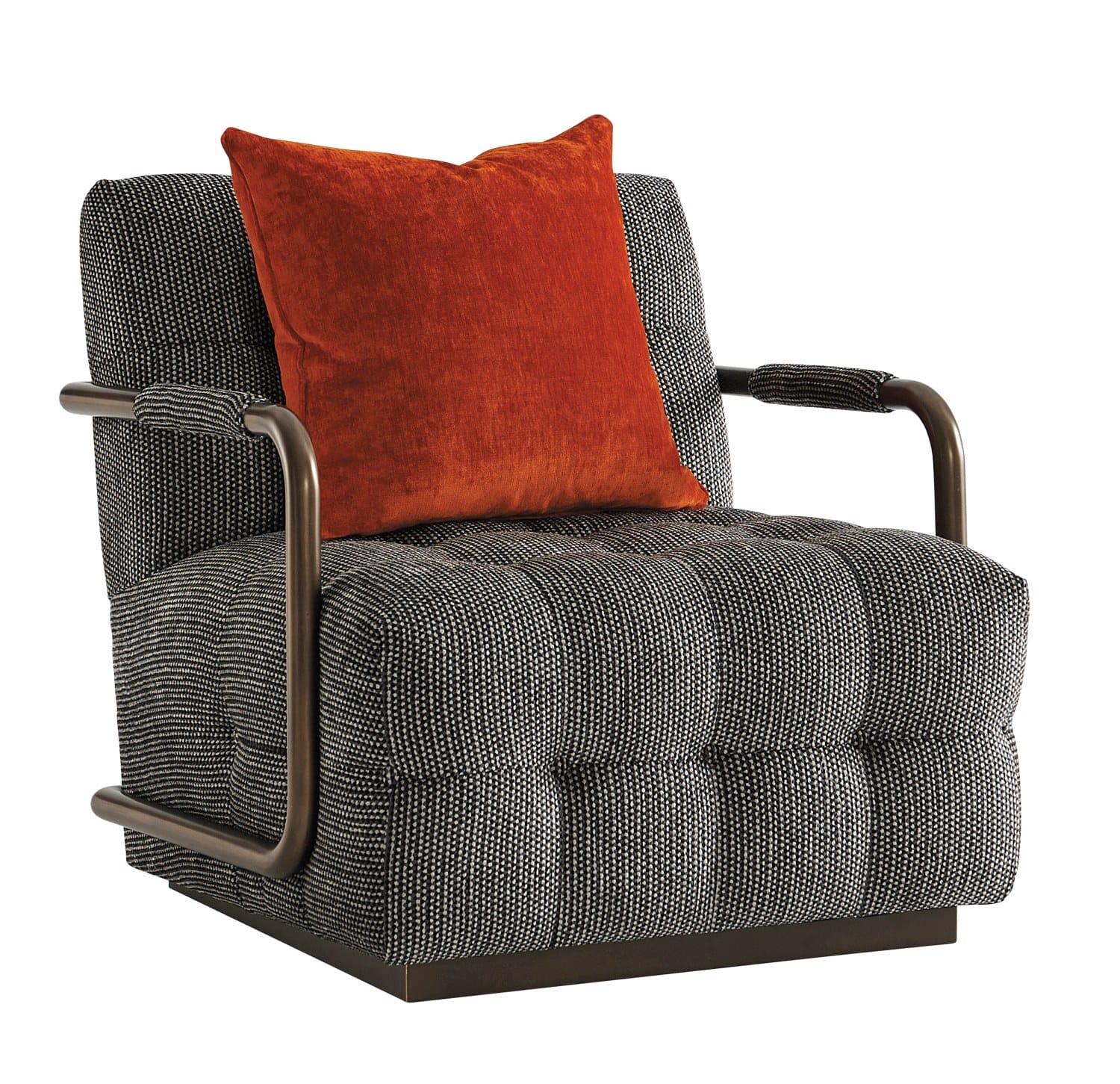 Modern armchair with dark patterned upholstery and copper armrests, featuring a bright orange cushion.