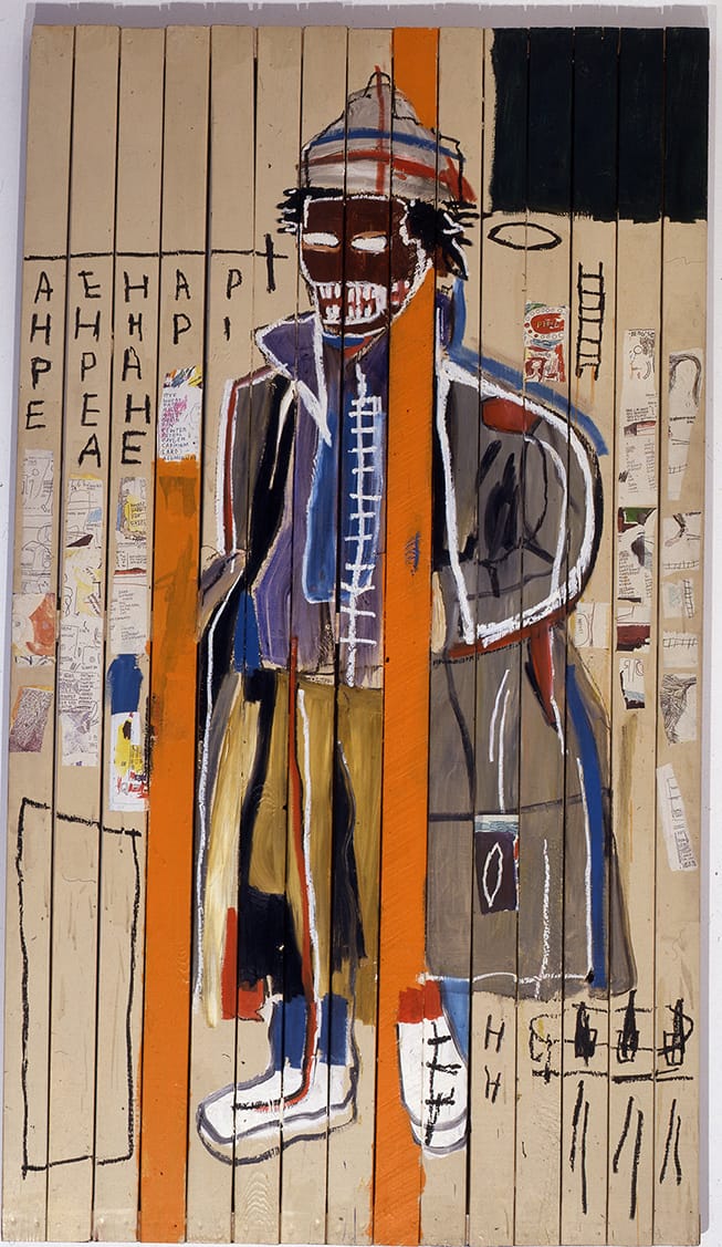 Abstract painting of a figure with bold colors and text elements, featuring a mix of lines, shapes, and expressive brushwork.