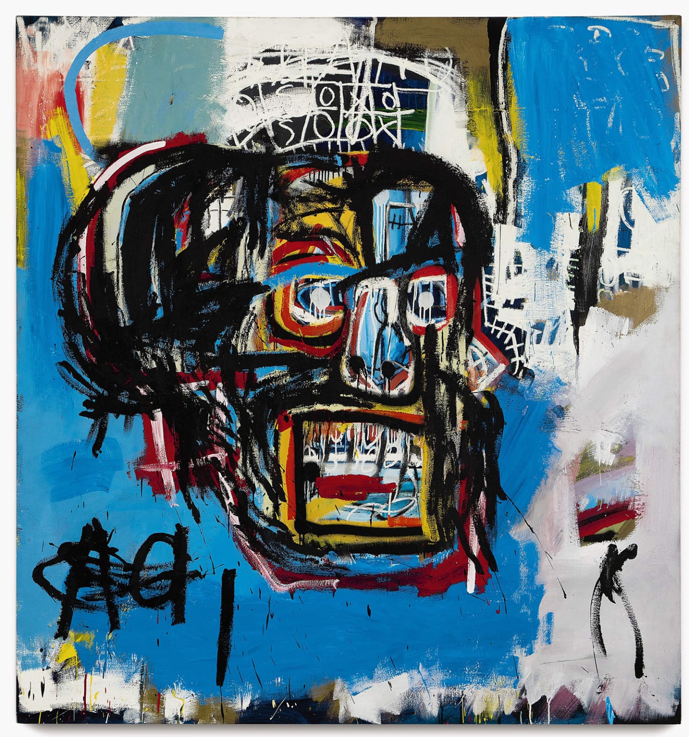 Abstract painting with vibrant colors displaying a distorted face, bold lines, and expressive brushstrokes against a blue background.