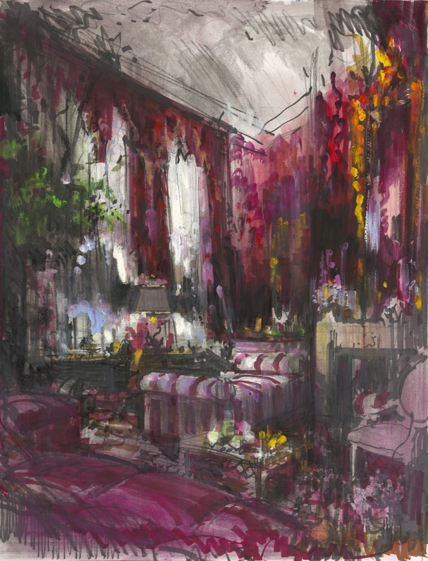 Abstract painting of a cozy bedroom with rich red and purple tones, featuring a bed, chair, and colorful drapes.