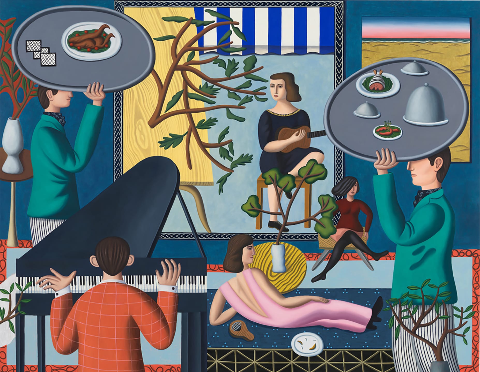 Surreal painting with musicians, waiters holding trays, a woman sitting, and a colorful background with nature elements.