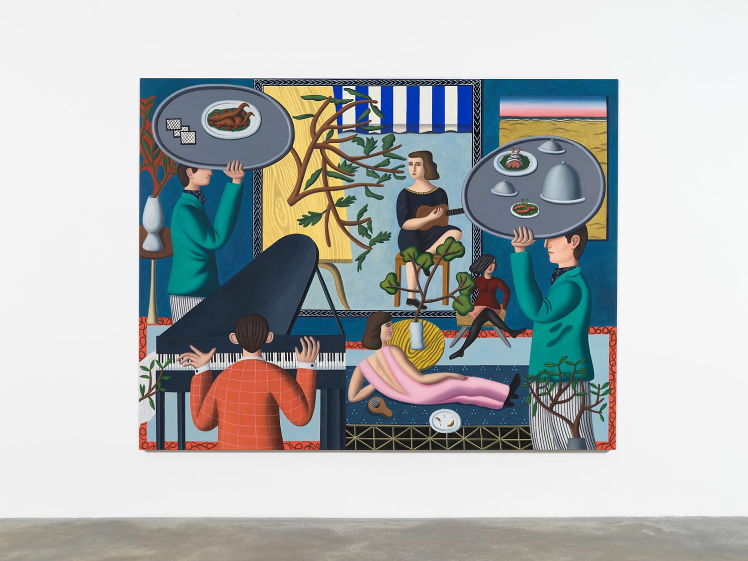 Colorful abstract painting with figures serving food, a seated woman, and a piano player in a vibrant room setting.