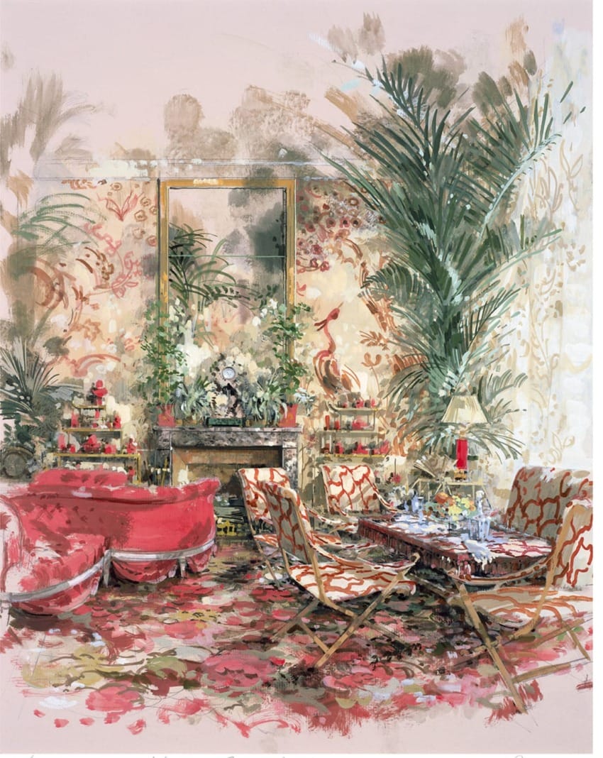 Elegant living room with plush red sofa, floral wallpaper, decorative plants, and a set dining table in a luxurious setting.