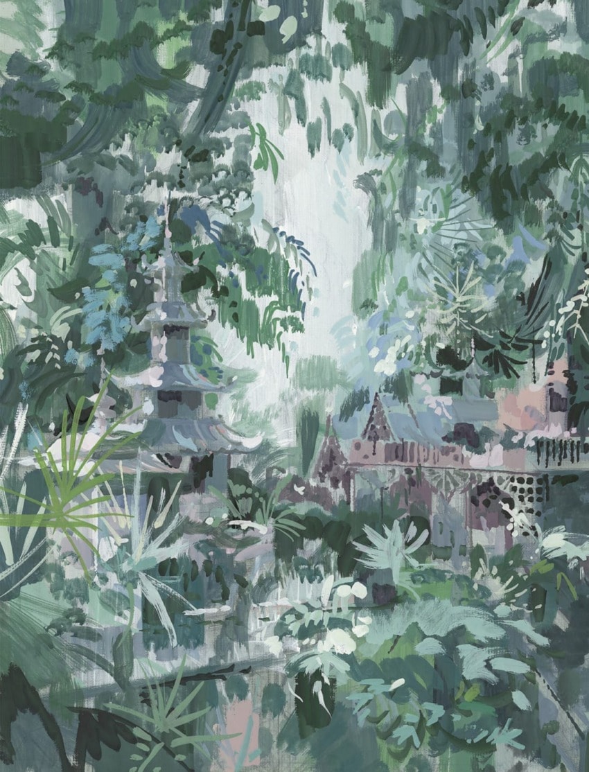 Lush green forest with intricate temple structures surrounded by dense foliage and diverse plant life, creating a serene scene.