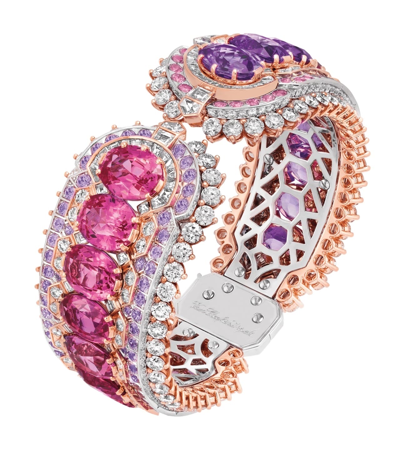 intricate gemstone bracelet with pink, purple, and clear stones on rose gold and silver lattice design
