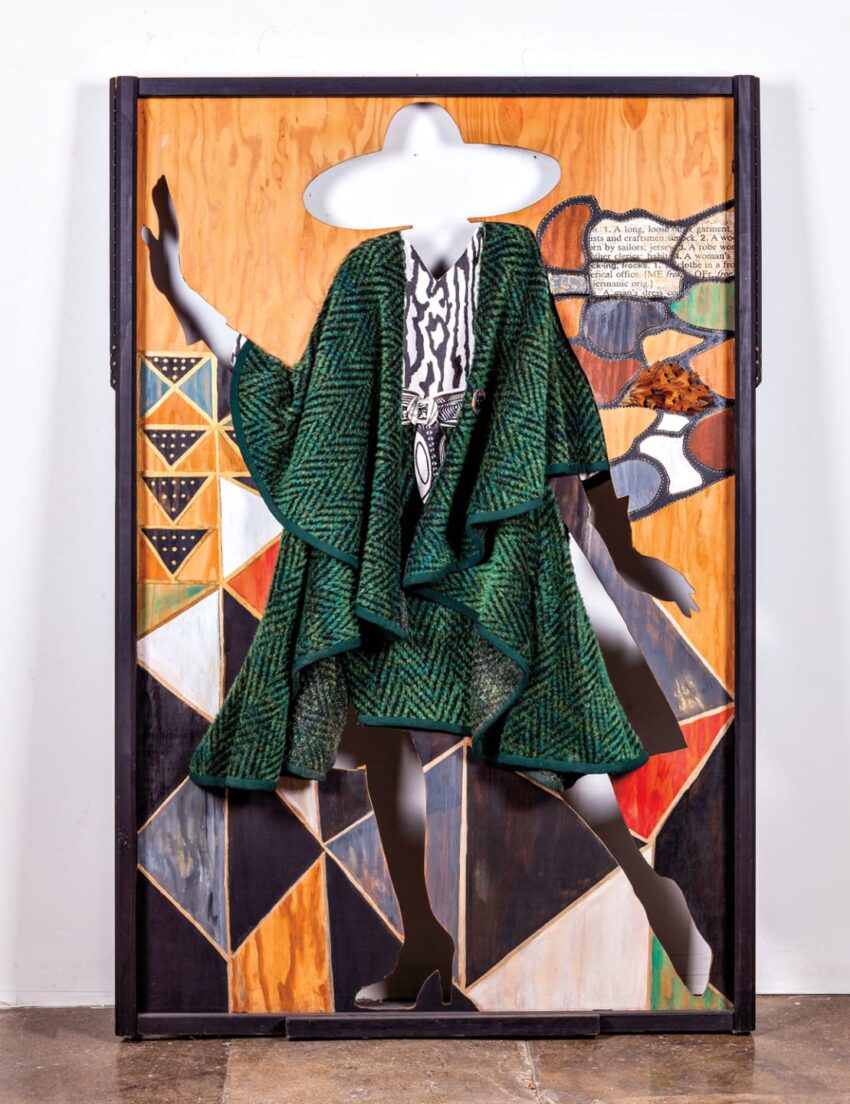 Silhouette in green garment with hat, abstract wall art background featuring patterns and wood textures.