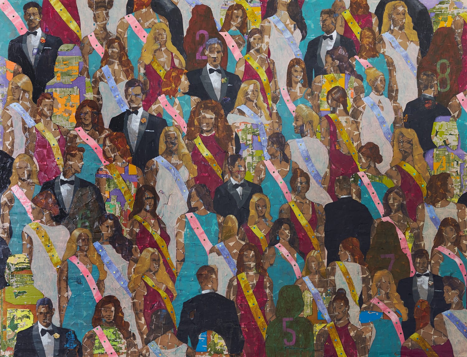 Colorful painting of a large group of people in formal attire, wearing sashes with numbers in a lively and crowded setting.