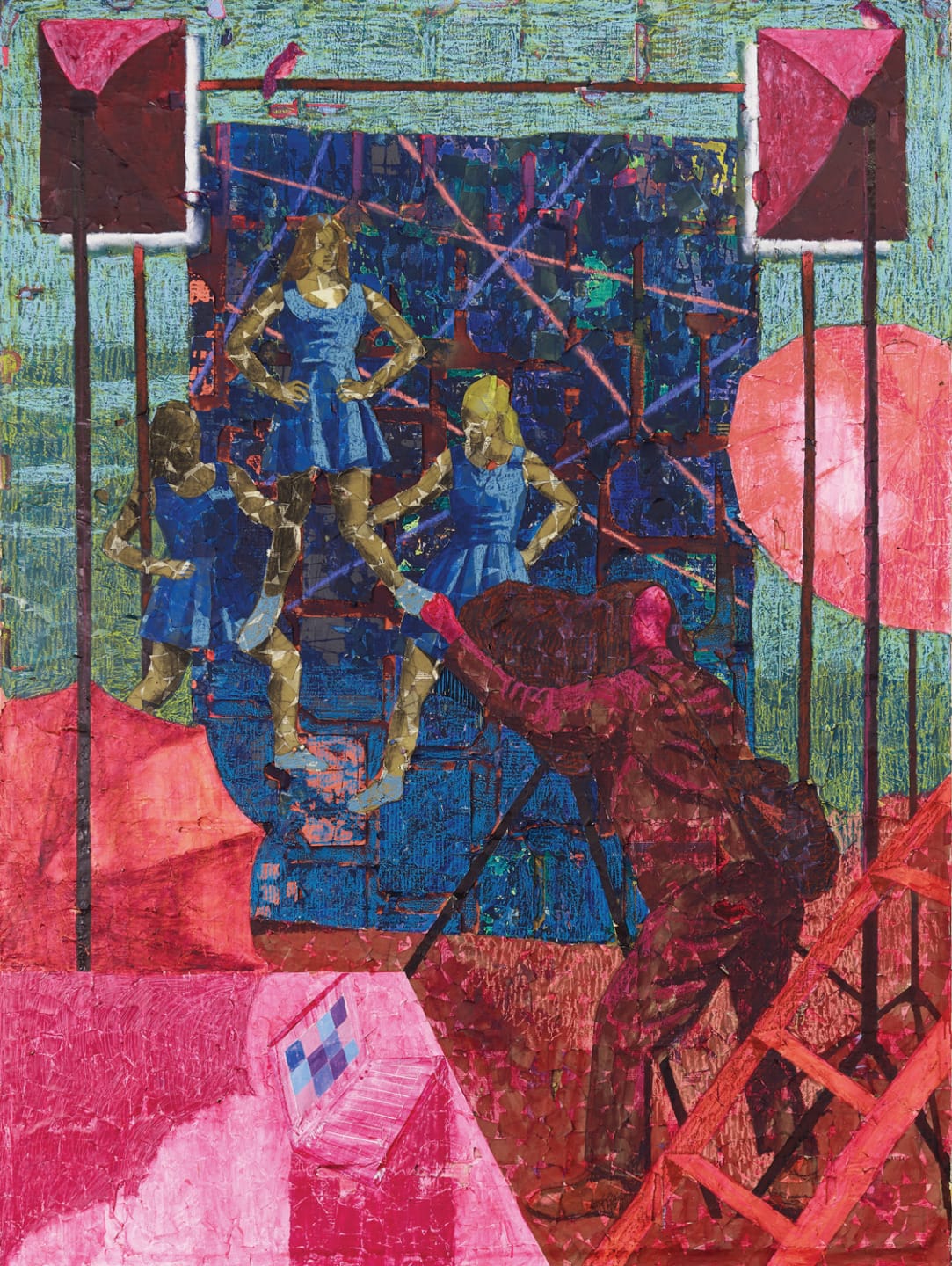 Artist painting children reflected in a mirror while surrounded by vibrant colors and abstract patterns.