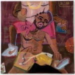 Abstract painting of a person sitting on the floor with hands on their shoulders, surrounded by vibrant colors and objects.