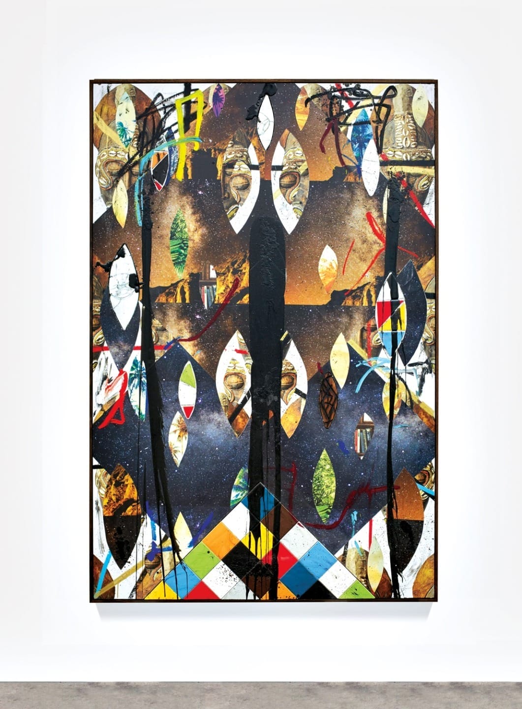 Abstract painting with vibrant colors, geometric shapes, and layered textures, featuring eye-like patterns and organic forms.