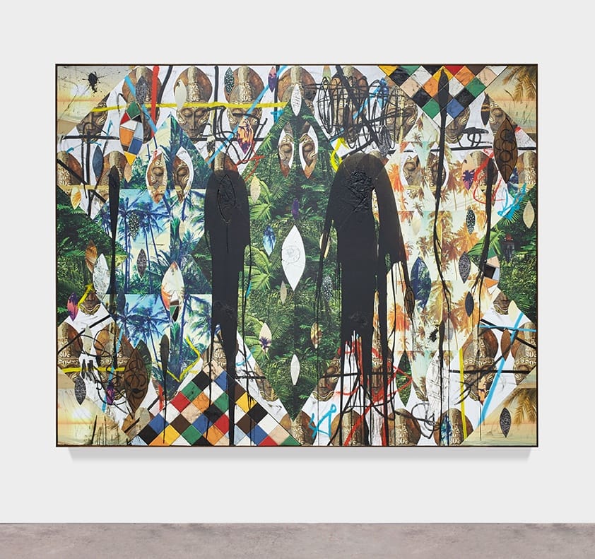 Abstract art piece with dark silhouettes, colorful geometric patterns, and nature-inspired elements on a white gallery wall.