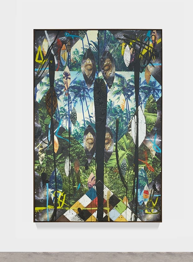 Abstract painting featuring a tropical forest with vivid colors, geometric shapes, and leaf motifs.