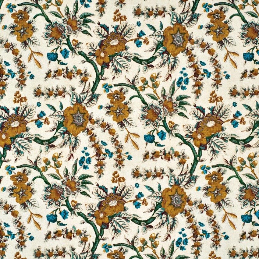 Floral pattern with yellow, brown, and blue flowers on intertwining green vines, set against a light background.