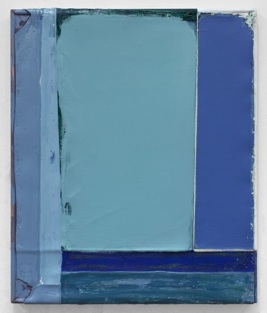 Abstract painting with shades of blue and teal in geometric patterns, featuring vertical and horizontal blocks.