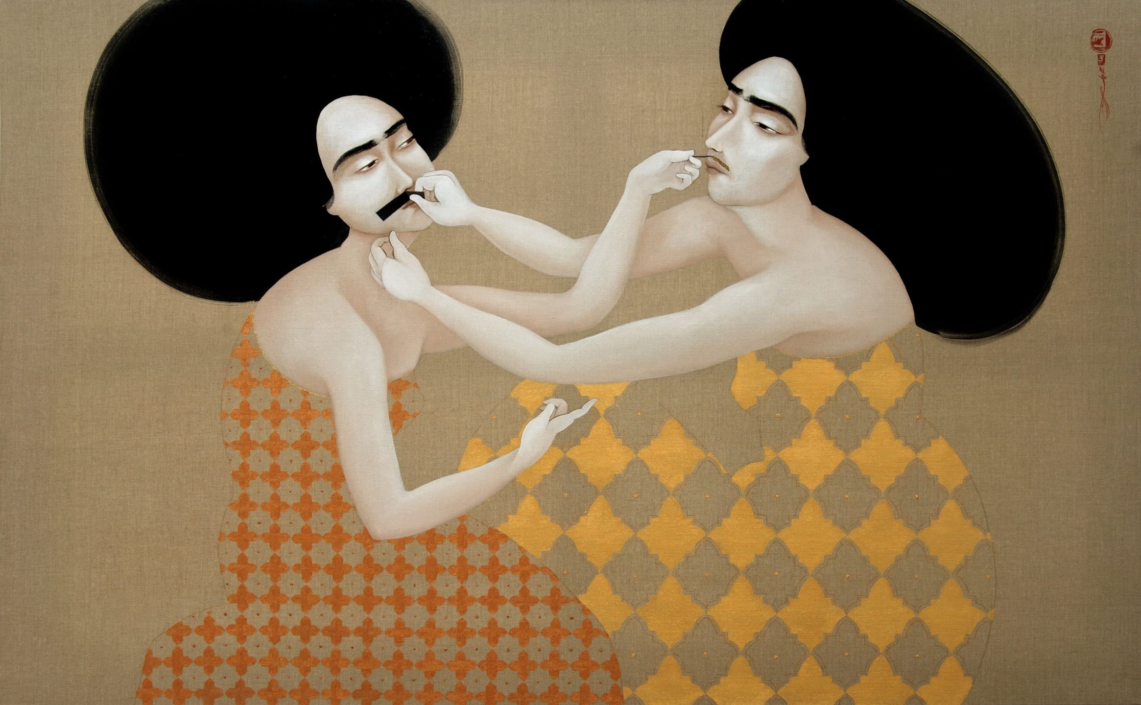 Two abstract figures in patterned attire interacting against a muted background.