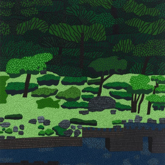 Illustration of a lush, green forest with a variety of detailed trees and a stone bridge over a blue river.
