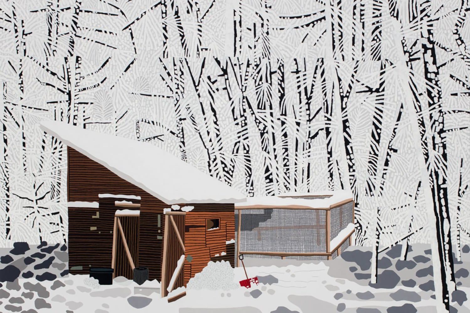 Modern cabin with snow-covered roof set against a backdrop of stylized snowy trees.