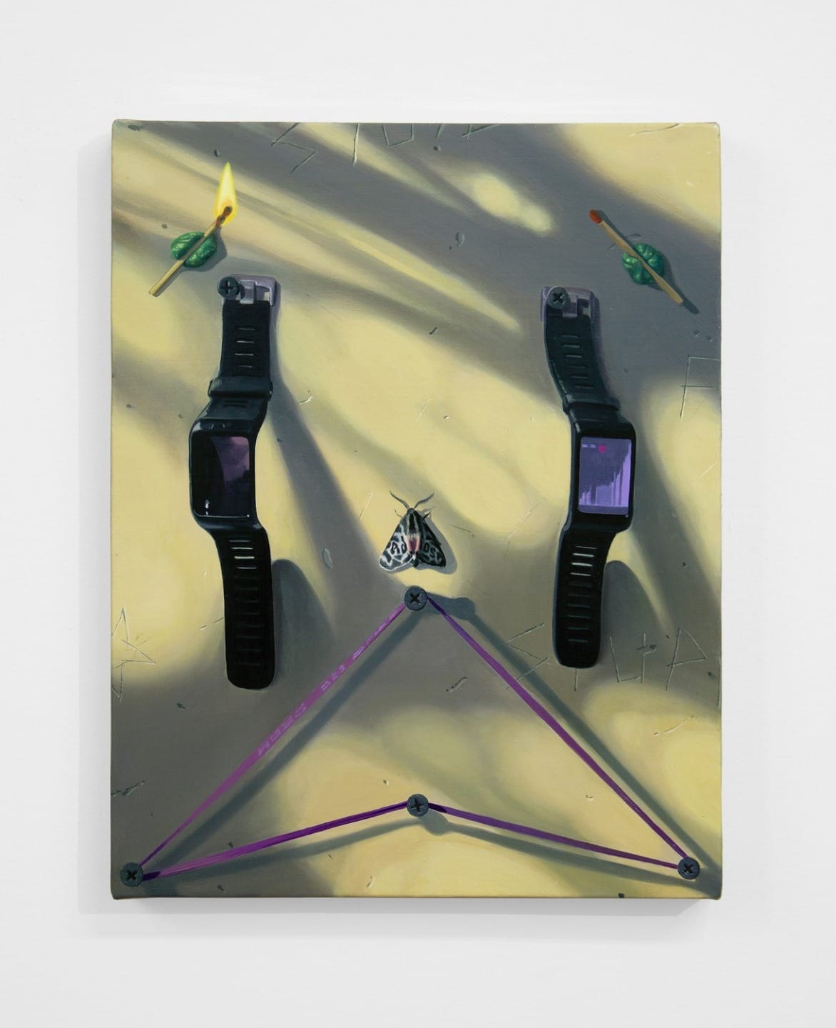 Abstract art featuring smartwatches, a butterfly, and red arrows on a textured background with light shadows.