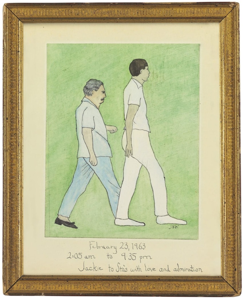 Illustrated artwork of two men walking, dated February 23, 1963, with a message of love and admiration from Jackie to Stas.