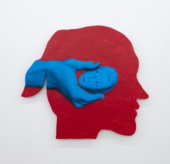 Abstract artwork of a red silhouette with a blue hand holding a small blue human head against a white background.