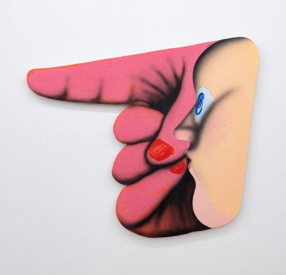 Abstract artwork of a face profile and hand with vibrant colors, showing a blue eye and red nails on a textured background.