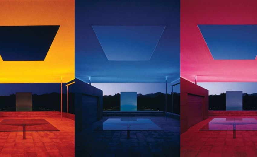 Three panels showing a modern architectural space under different colored lights: yellow, blue, and red, with a central square opening.