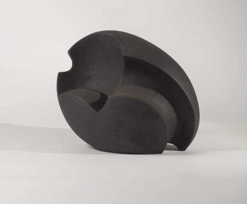 Abstract black sculpture with smooth, curved surfaces on a white background.