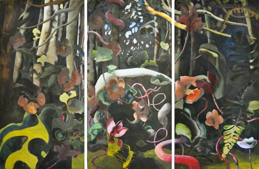 Abstract painting of a dense forest with colorful plants and tangled vines, creating a mysterious and vibrant scene.