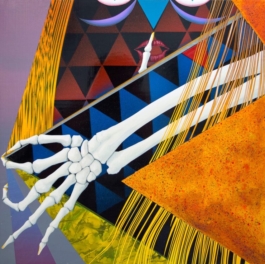 Colorful abstract art with a geometric pattern, skeleton hand, vibrant triangular shapes, and yellow striped textures.