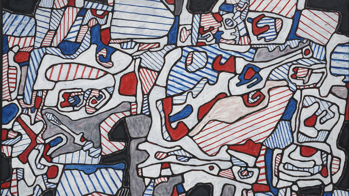 Abstract painting with interwoven red, blue, and white geometric shapes and lines on a black background.