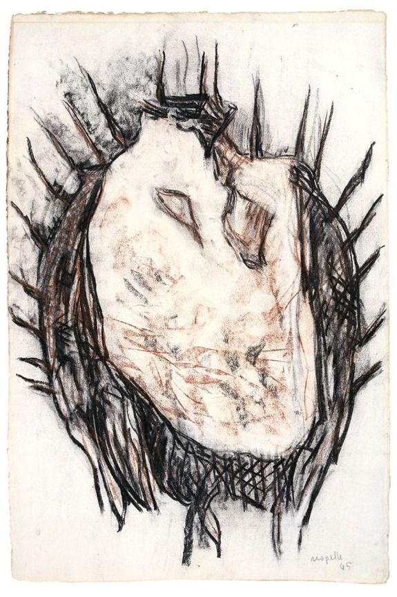 Abstract drawing of a face with pronounced lines and spikes, featuring dark and light shading, signed "Arcevelle, 57".