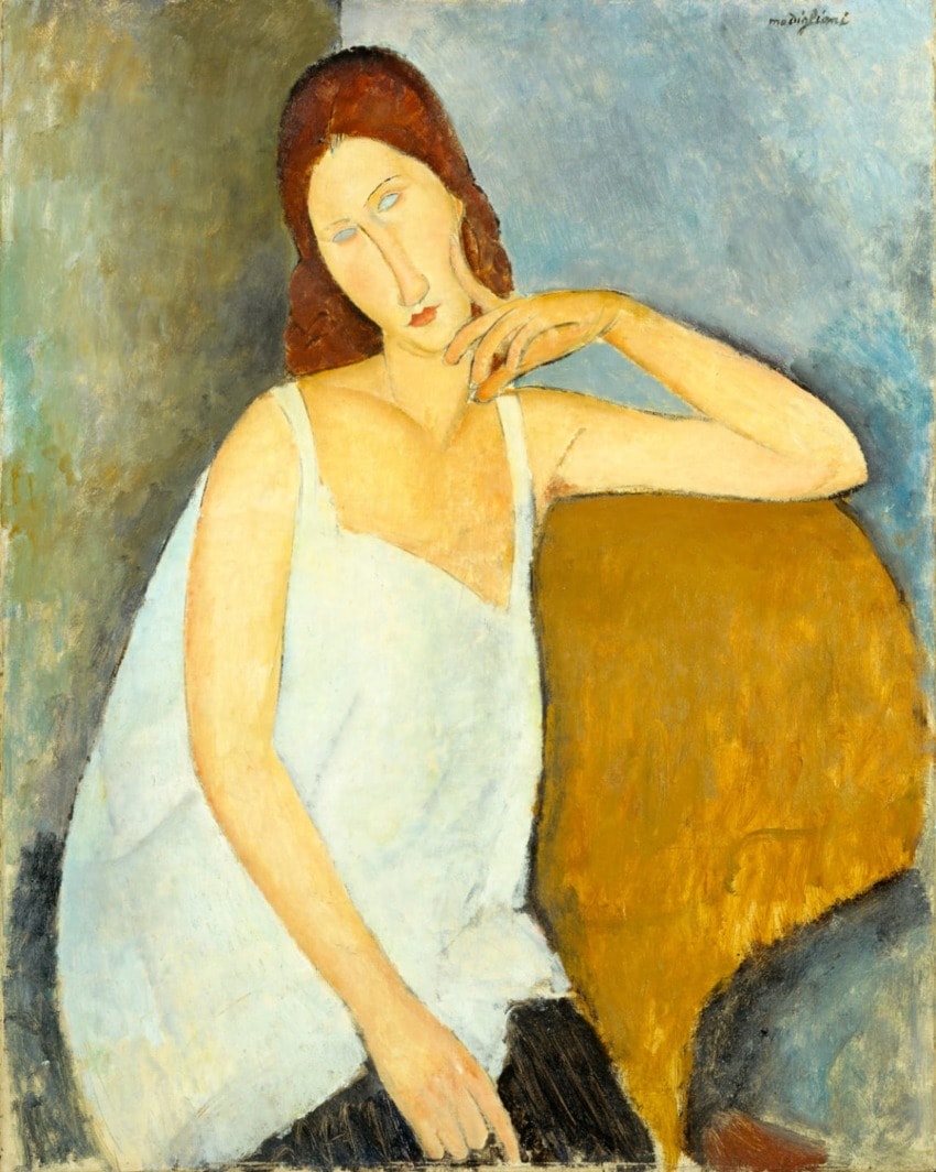 Woman in white top sitting on a yellow chair, painted in soft, muted colors with an abstract background.