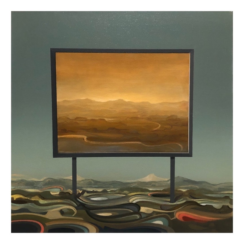 Surreal painting of a framed landscape floating over abstract shapes and deep green-blue background.