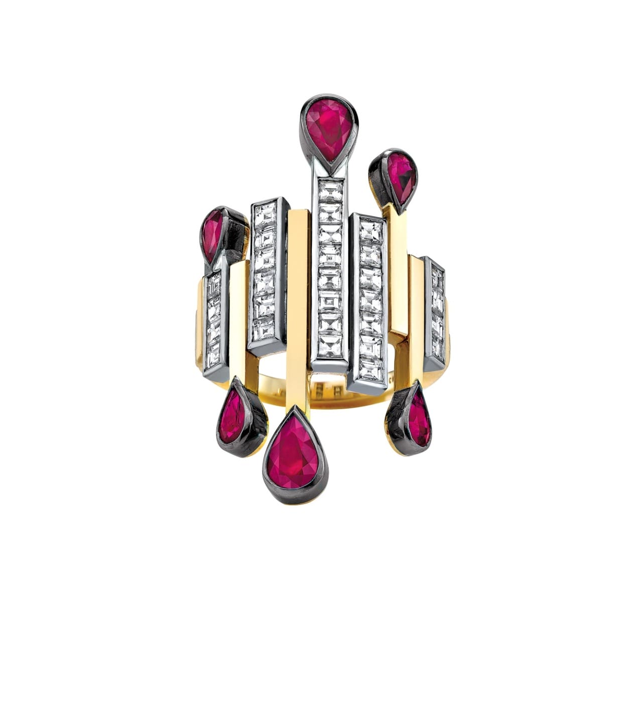 Gold ring with vertical design featuring red teardrop gemstones and rectangular clear stones.