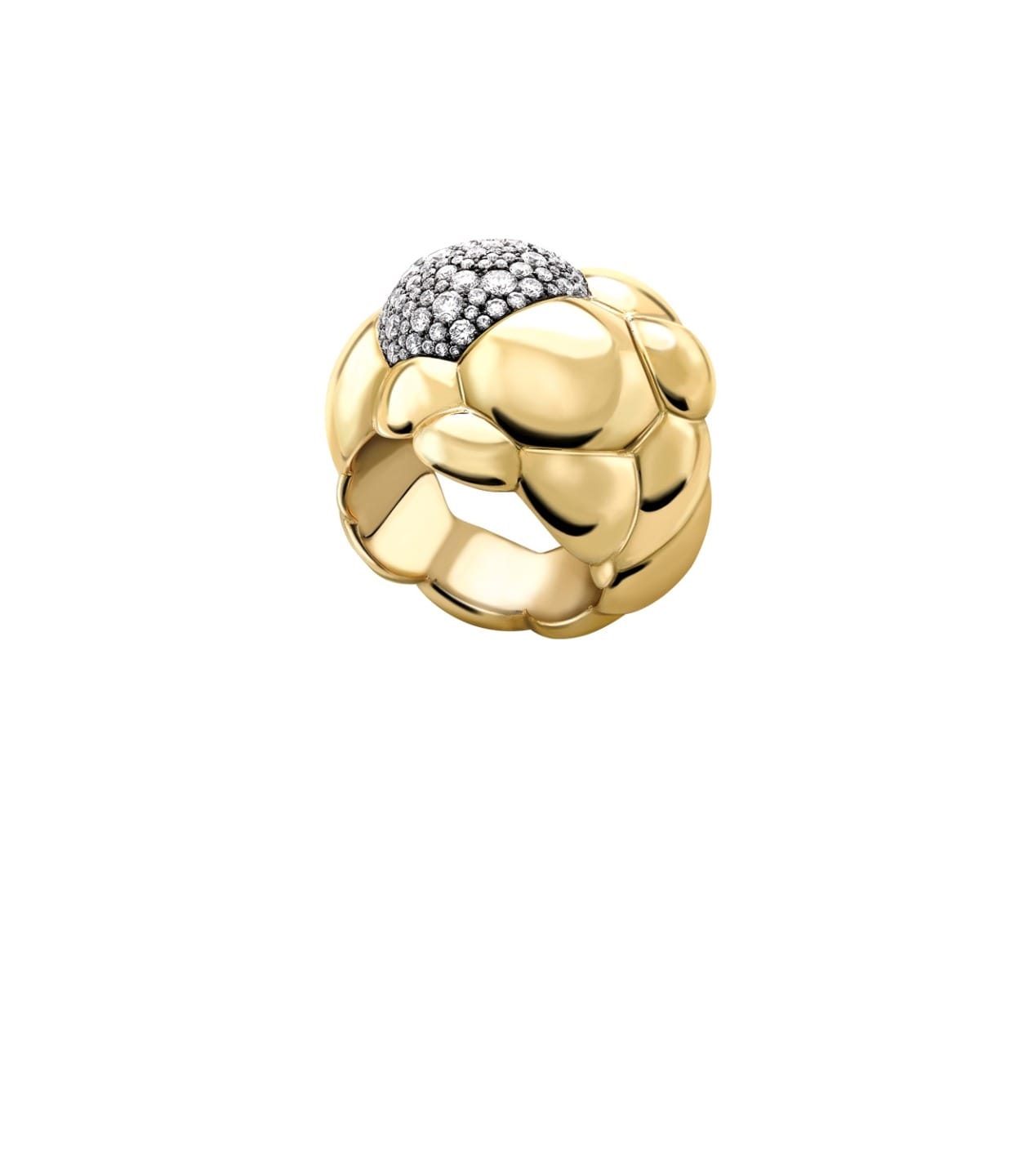 Gold ring with a bold, chunky design featuring a cluster of small diamonds on top, creating an elegant, luxurious look.