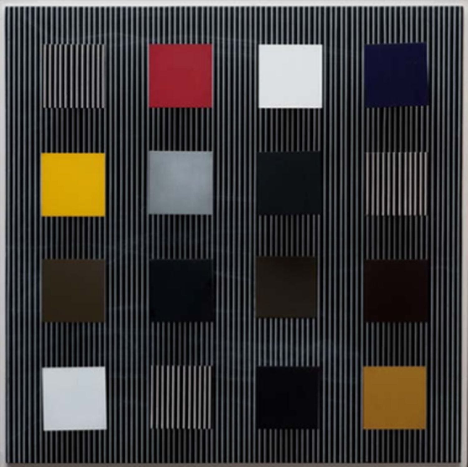 Colorful geometric squares on a striped black and white vertical background, creating an optical illusion effect.