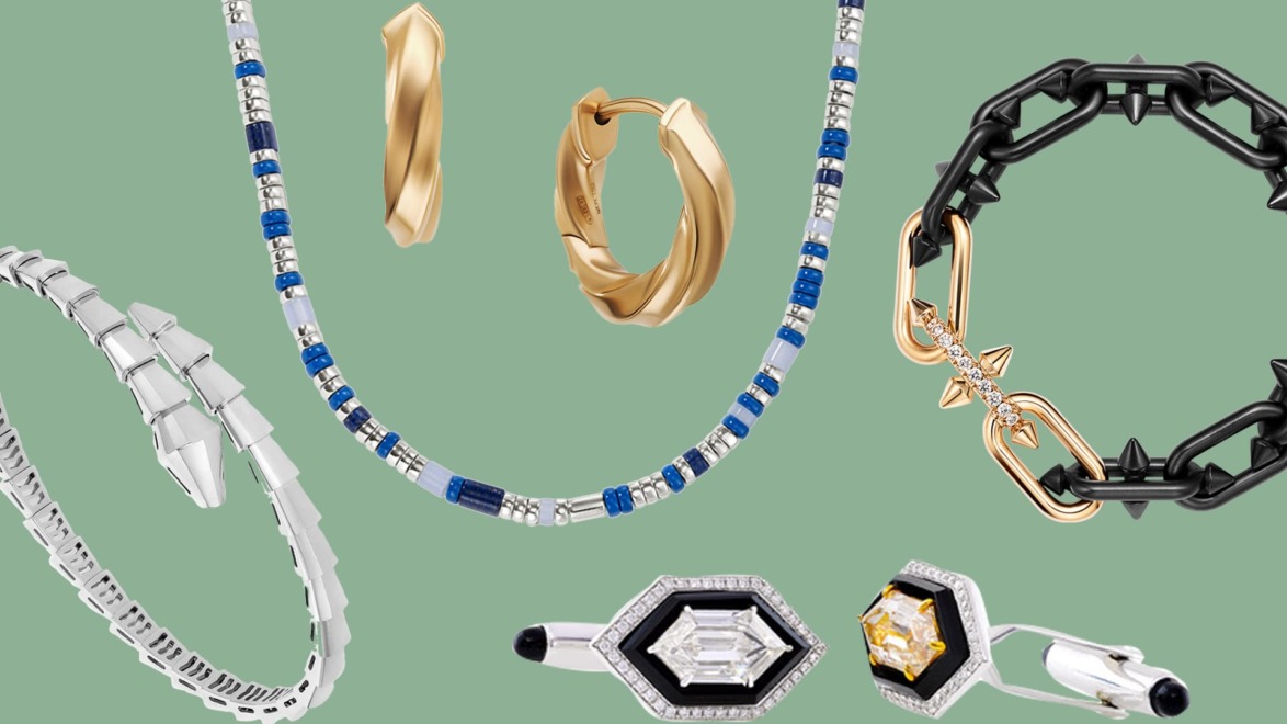 Collection of diverse jewelry pieces including necklaces, bracelets, and earrings on a green background.