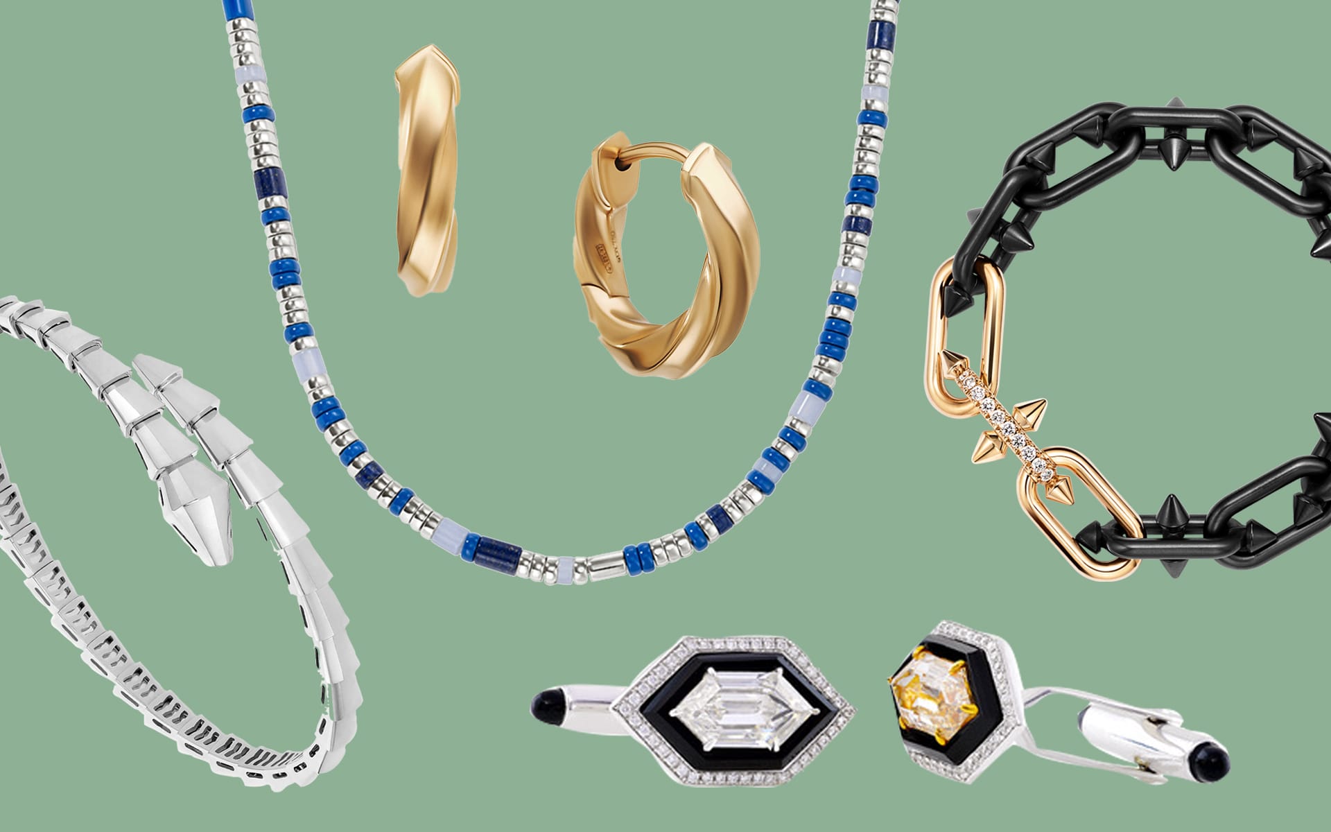 Collection of diverse jewelry pieces including necklaces, bracelets, and earrings on a green background.