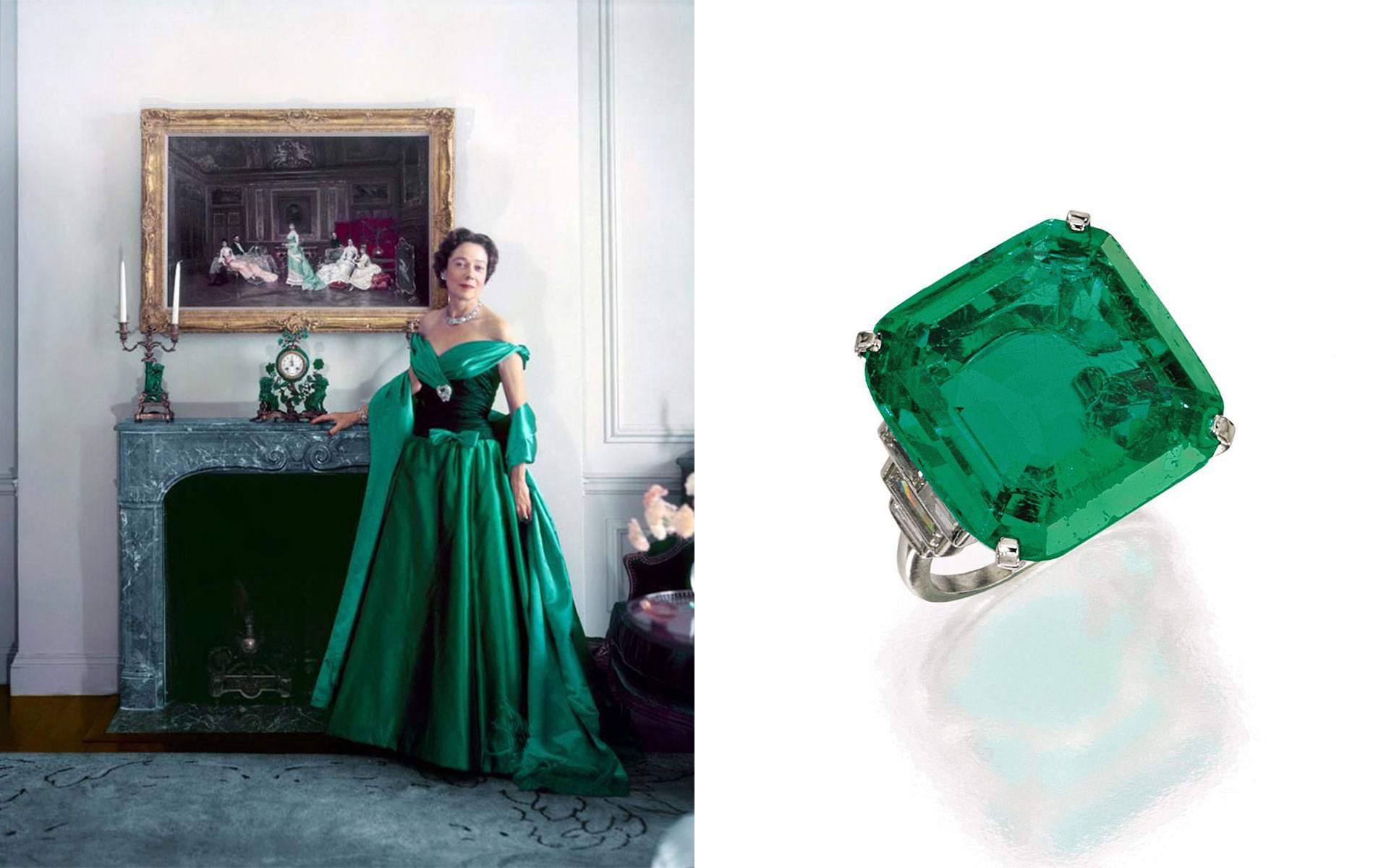 Woman in green gown by fireplace; large emerald ring on white background.