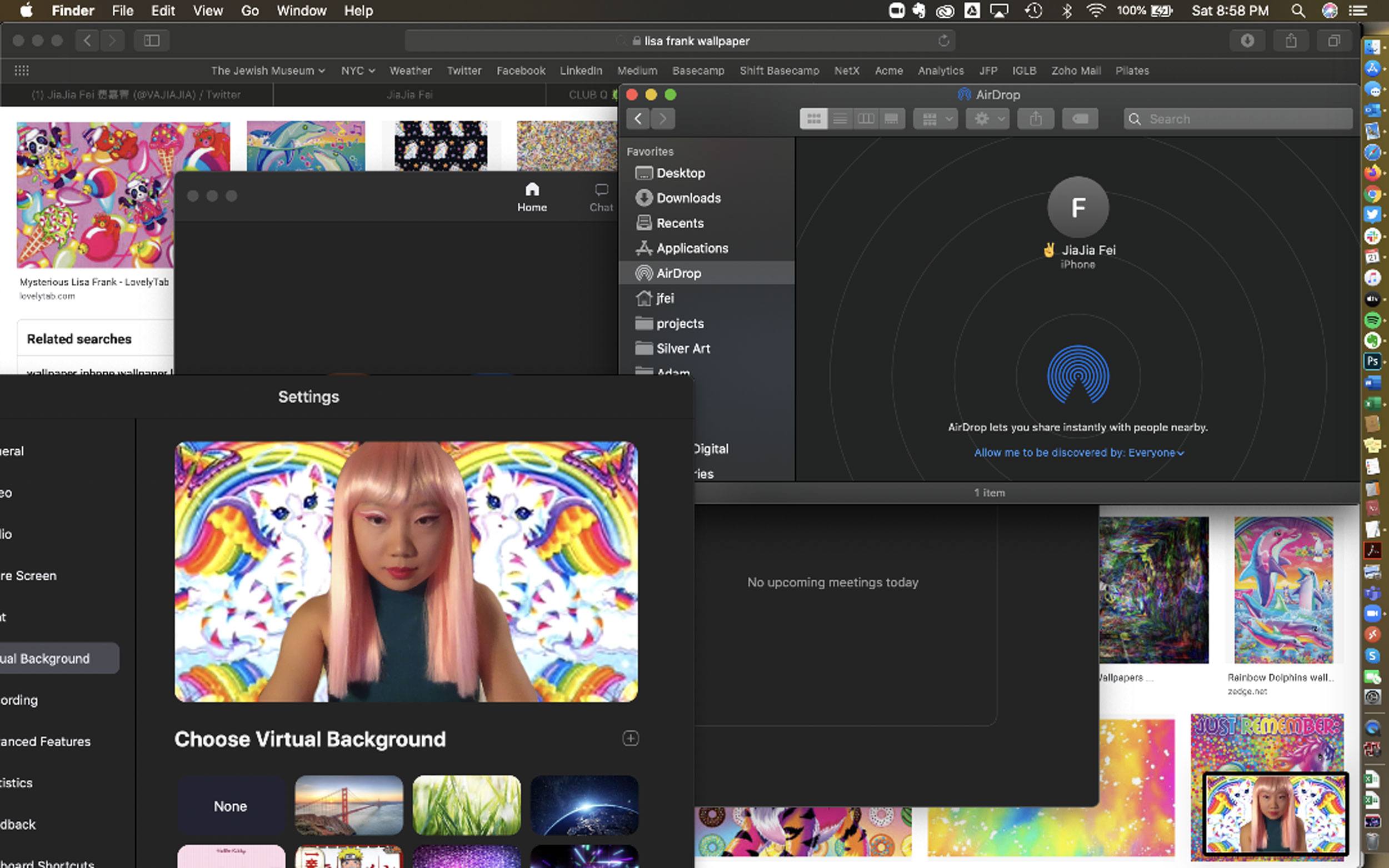 Screen showing Mac desktop with Finder, Zoom settings, and AirDrop windows open. Virtual backgrounds featuring colorful patterns.