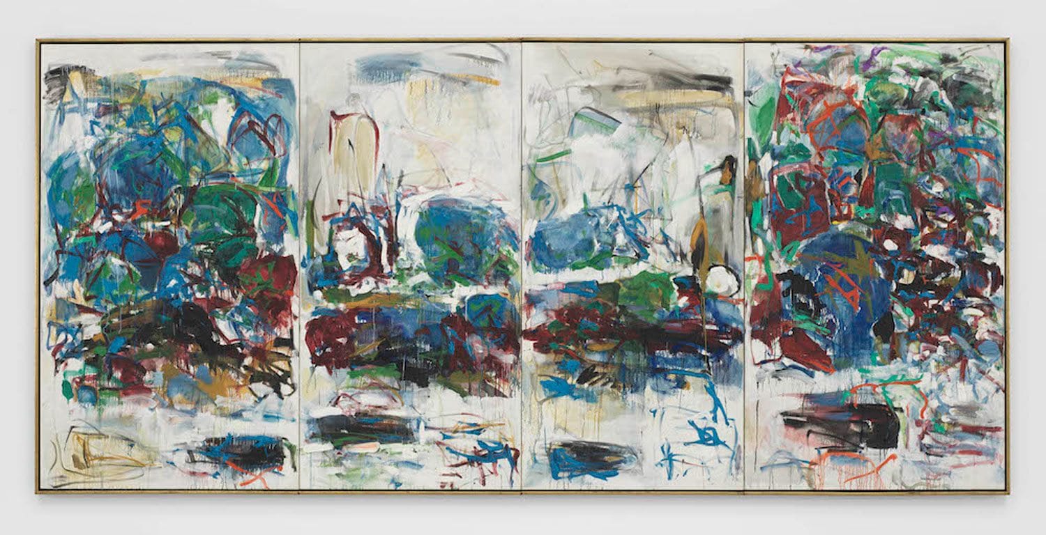 Abstract painting with vibrant blue, green, red, and white brushstrokes on four connected panels with a wooden frame.