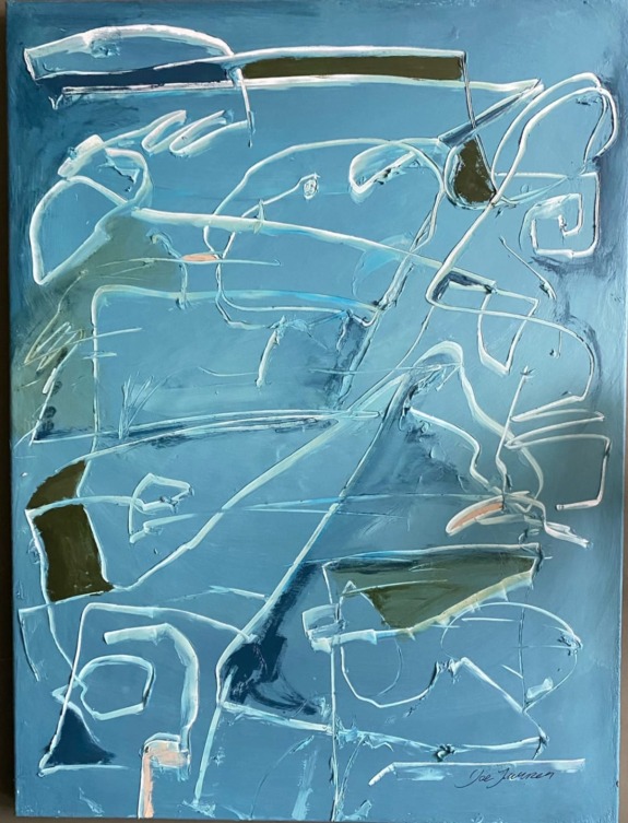 Abstract painting with shades of blue, white lines, and geometric shapes creating a dynamic and fluid composition.