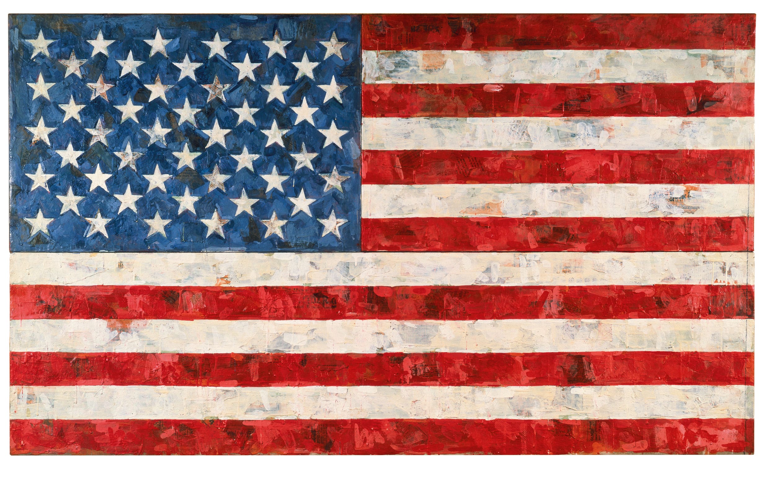 Abstract American flag painting with 50 stars and 13 red and white stripes, featuring a textured and layered appearance.
