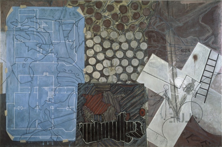 Abstract mixed media artwork with blueprints, geometric shapes, and textured patterns in various colors.