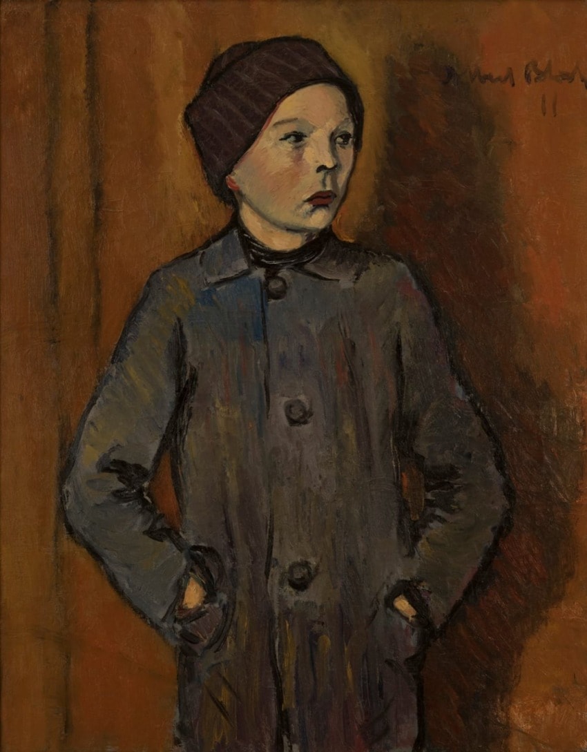 Painting of a young person with a hat and coat, hands in pockets, against a warm brown background.