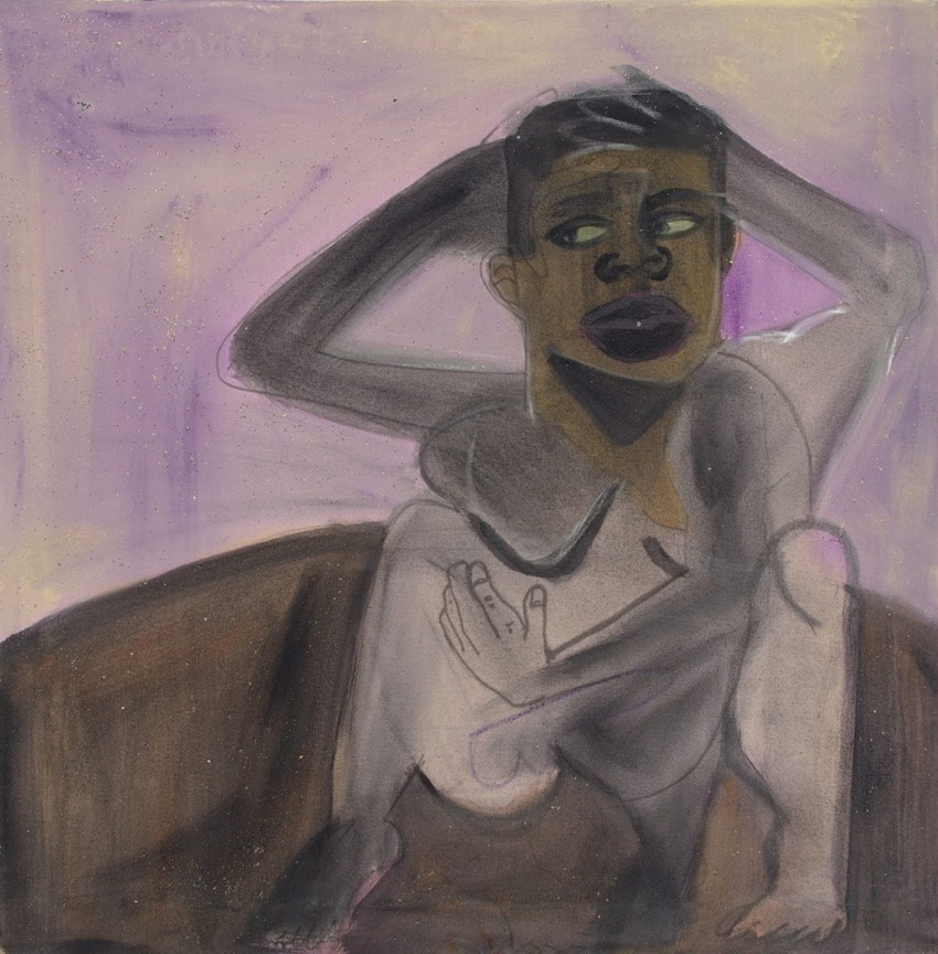 Abstract painting of a person sitting on a wooden surface with purple background, holding one arm over their head.