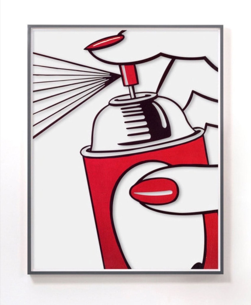 Illustration of a hand with red nails using a red and white spray can, emitting a fine mist from the nozzle.